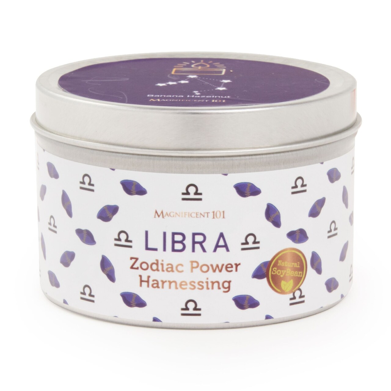 Magnificent 101 Libra Zodiac Candle for Women & Men - Purple 6 Oz Soy Wax Tin - Banana Hazelnut Scent for Balanced Harmony & Intentions